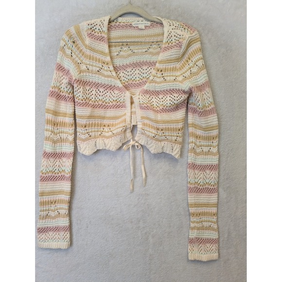 Aeropostale Sweaters - Aeropostale Womens Small Cropped Tie Front Cardigan Striped Pointelle Knit Pink